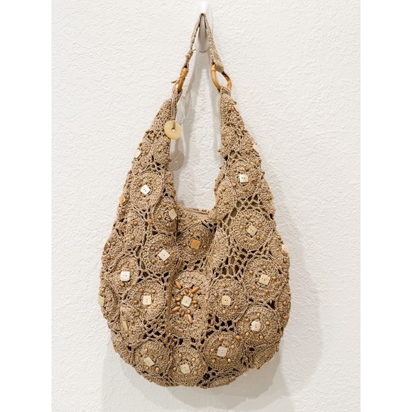 The Sak Handbags - Vintage The Sak Crochet Hobo Bag Y2K Boho Wood Bead Shell Shoulder Purse Slouchy